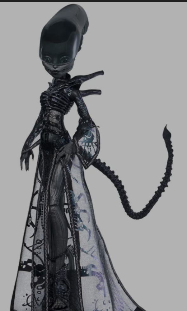 An image of a Monster High doll in the style of the Giger xenomorph.