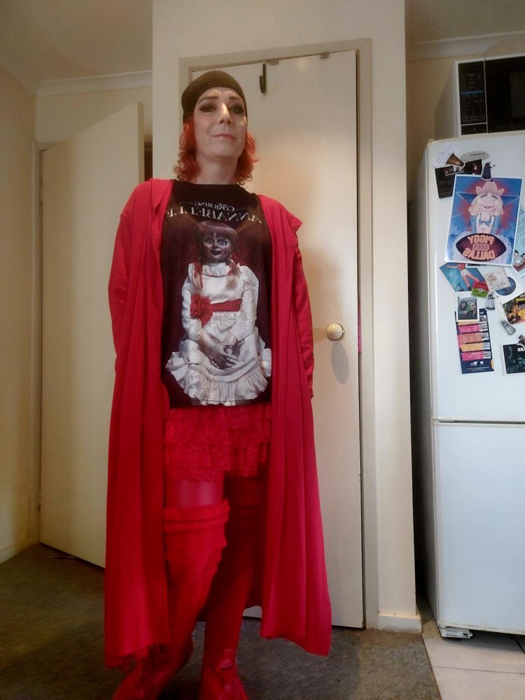 Sera, posing in red, with an annabelle tee. 