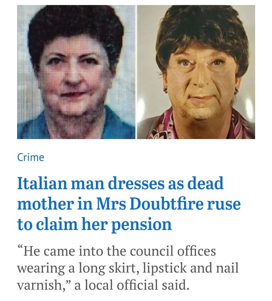 Newspaper cutting showing pictures of an older woman, deceased, and her son, who cross-dressing to impersonate her to commit fraud. 