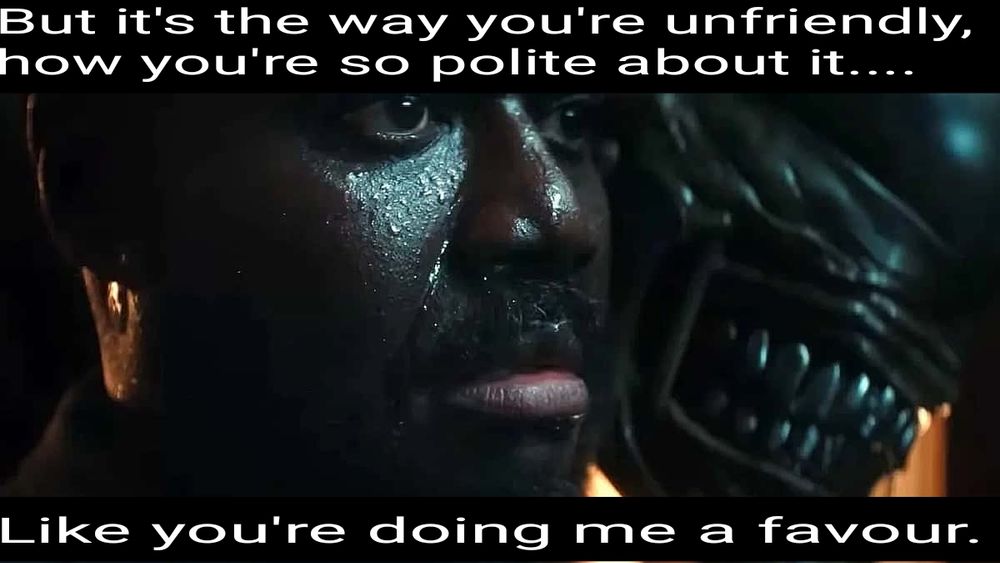 An image from Alien Earth of the xenomorph menacing Morrow. The accompanying text, taken from Fargo (TV show) reads "But it's the way you're unfriendly, how you're so polite about it... like you're doing me a favour."