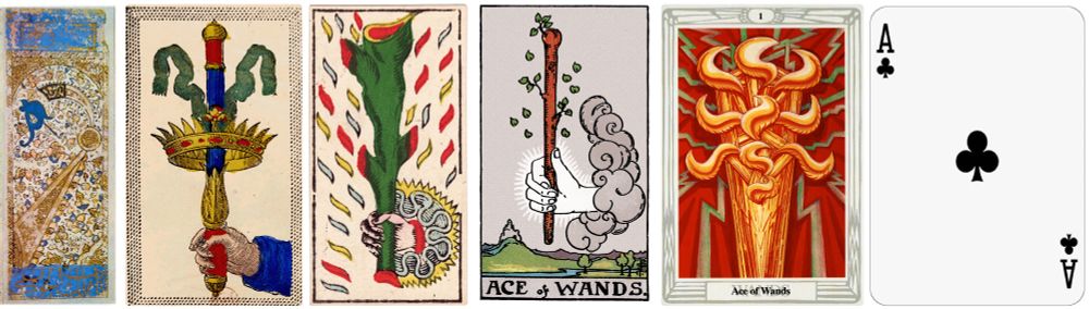Mamluk, Italian, French, and Hermetic imagery associated with the Ace of Clubs (Bastoni, Wands, Rods etc.)