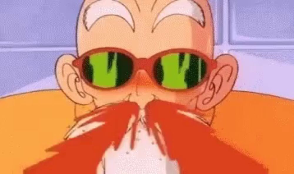 a close up of a cartoon character with glasses and a red mustache .