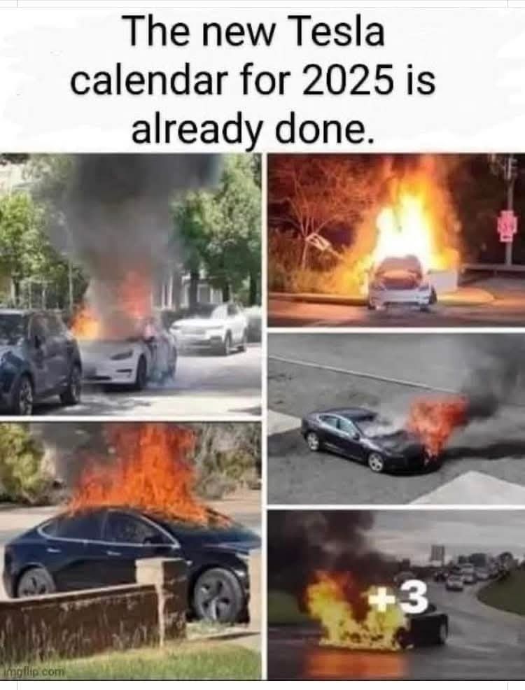 Ein "Tesla-Kalender 2025" mit 5 unterschiedlichen Fotos von brennenden Teslas und der Überschrift 'The New Tesla calender for 2025 is already done'. 