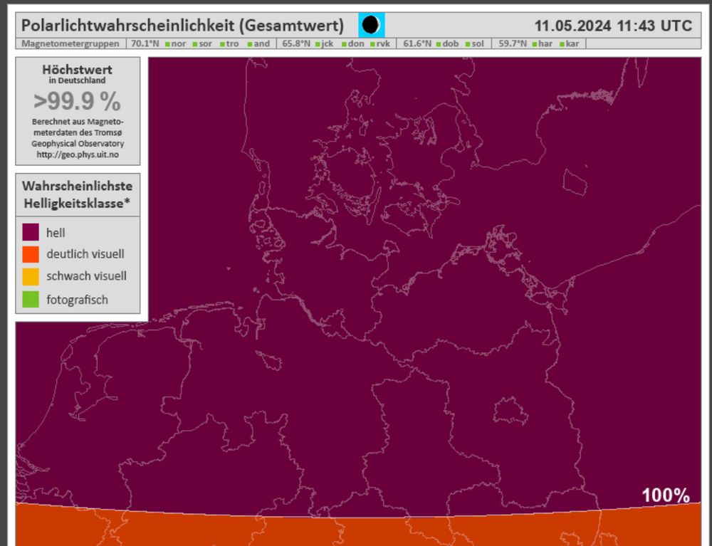 Karte der Polarlichtwahrscheinlichkeit und -stärke für heute 13:43 MESZ. Auschnitt der Originalkarte auf https://aurora.mtwetter.de/realtime_map.php?