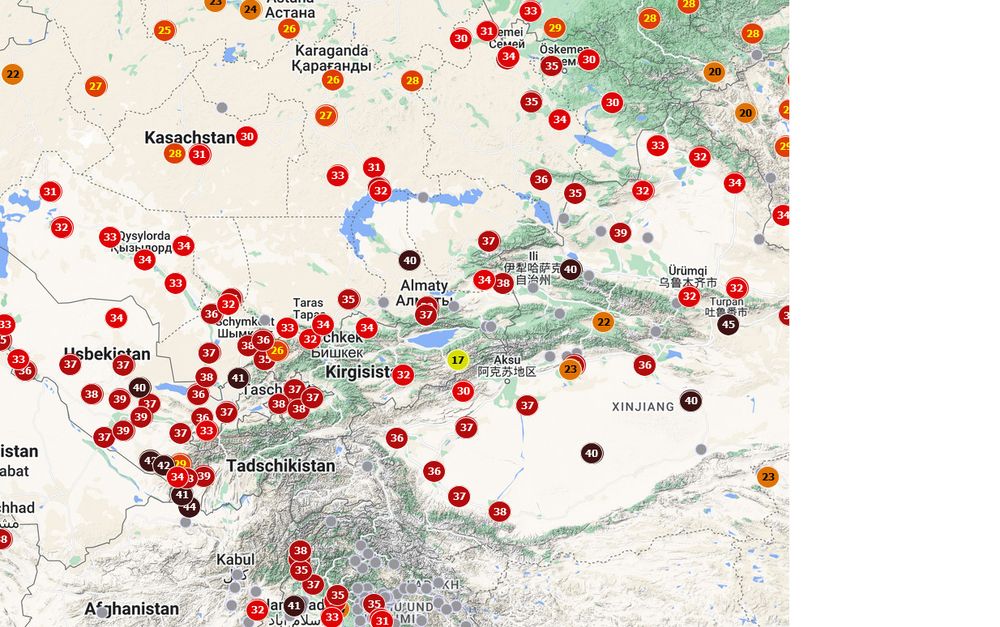 Ein screenshot von https://weatherobs.com/ mit aktuellen Lufttemperaturen aus Asien.