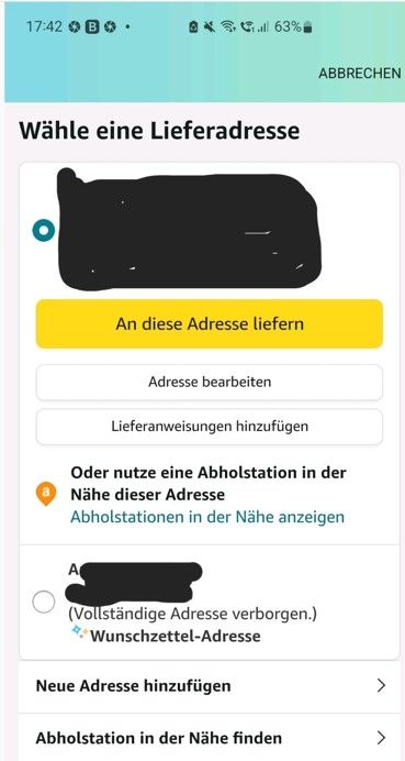 Anzeige der möglichen Lieferadressen in der Amazon-App.