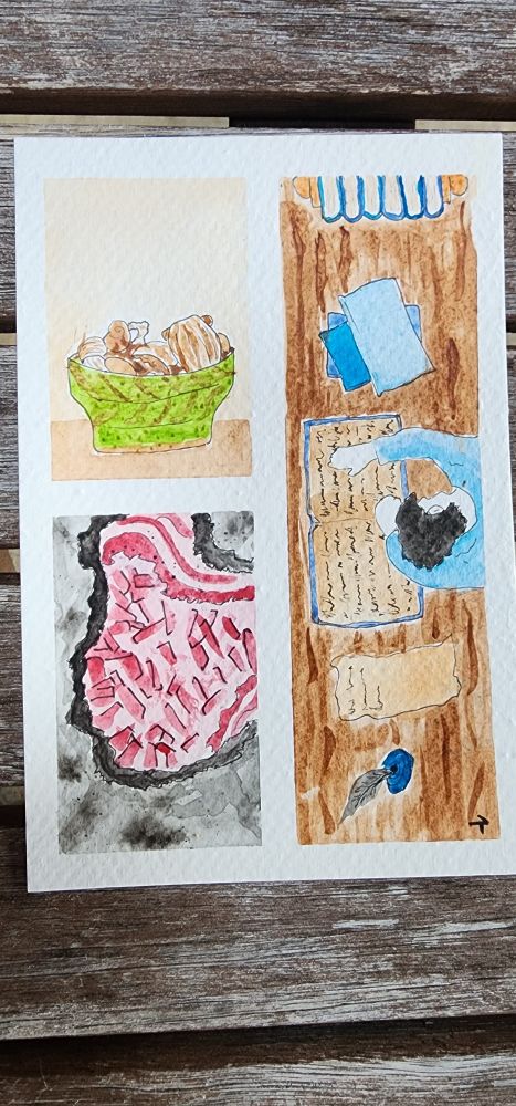 Watercolour of shells in a bowl, top left, a broken open pink geode, bottom left, and right side is a guy laying over asleep on a book with notes beside him and more books