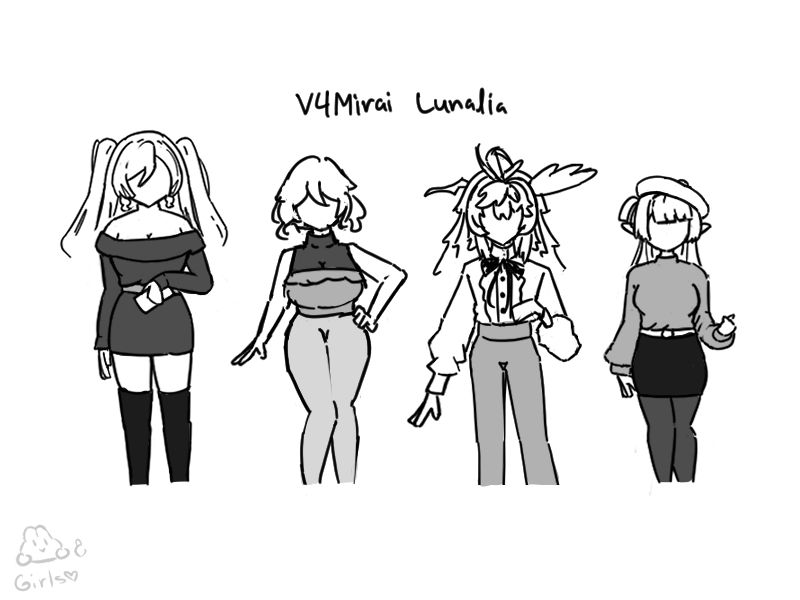 casual outfit fanart of vtuber group V4Mirai's 3rd wave Lunalia