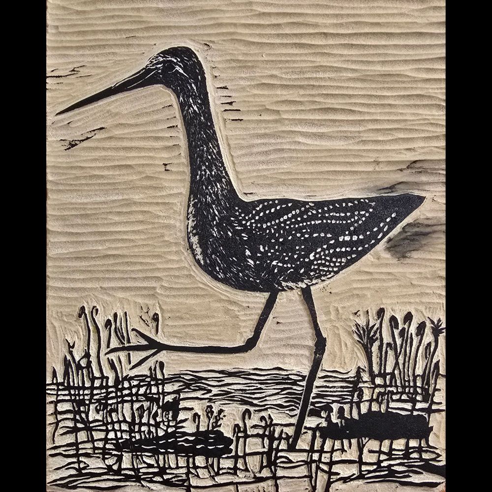 This the linoleum plate I used to make the prints, after I'd just printed a bird but before I cleaned it. The smudges on the right around the tail are where a bit of ink got in the wrong place, and I rubbed it off before printing. I often forget that my prints will be a mirror image of the plate, but unless there's text, that's fine!