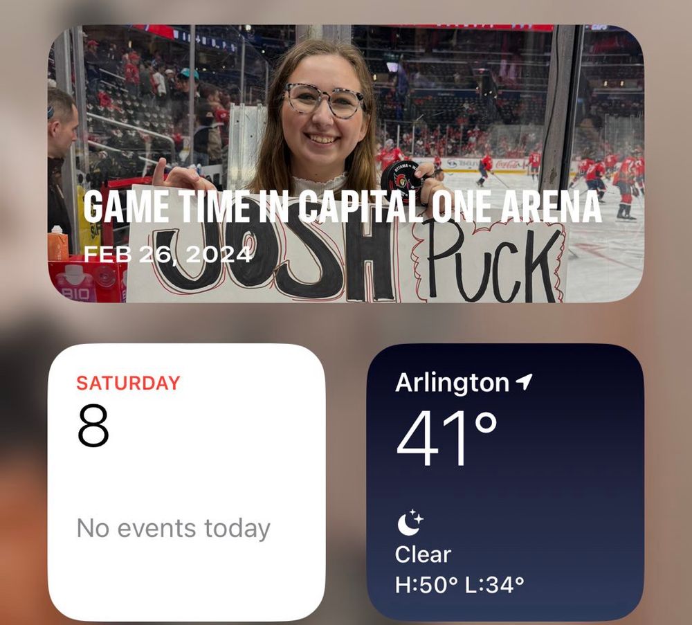screenshot of phone widgets including an apple photos widget with the preview of a memory from February 26,2024 labelled "Game time in Capital One Arena"