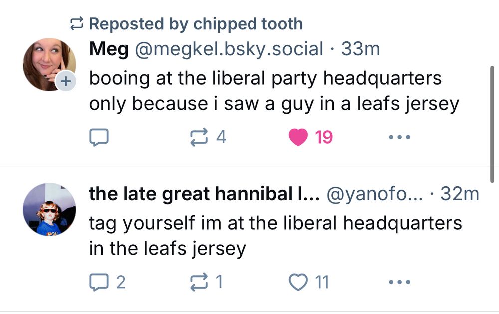 megkeg.bsky.social (reposted by chipped tooth): booing at the liberal party headquarters only because i saw a guy in a leafs jersey

followed by
the late great hannibal liz: tag yourself im at the liberal headquarters in the leafs jersey