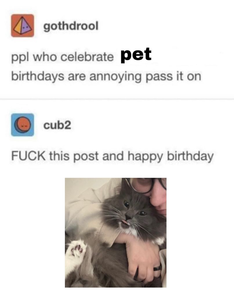 edited tumblr post meme
user 1: people who celebrate [pet] birthdays are annoying pass it on
user 2: FUCK this post and happy birthday [picture of cute cat lilac with her tongue out]