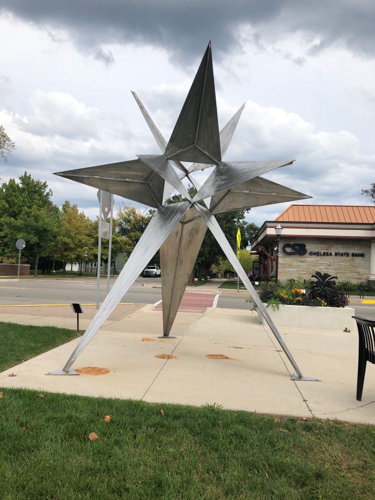 A sculpture in Chelsea, Michigan, resembling the capsule that sent baby Kal El to Earth from the planet Krypton.
