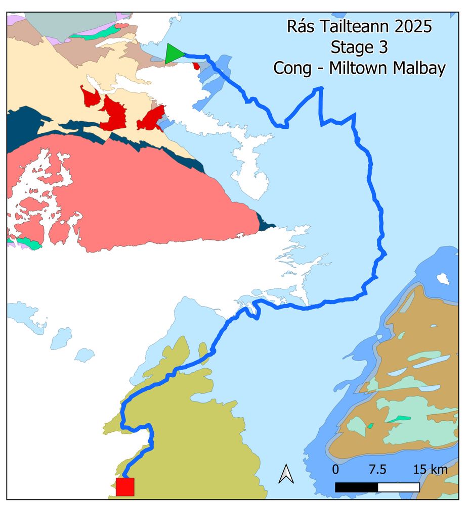 A colourful geology map of the west coast of Ireland with a blue line marking the route of a bike race