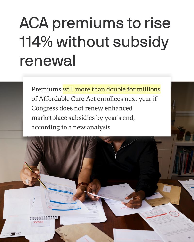 Graphic with Axios headline: ACA premiums to rise 114% without subsidy renewal.

In smaller text: Premiums will more than double for millions of Affordable Care Act enrollees next year if Congress does not renew enhanced marketplace subsidies by year's end, according to a new analysis.