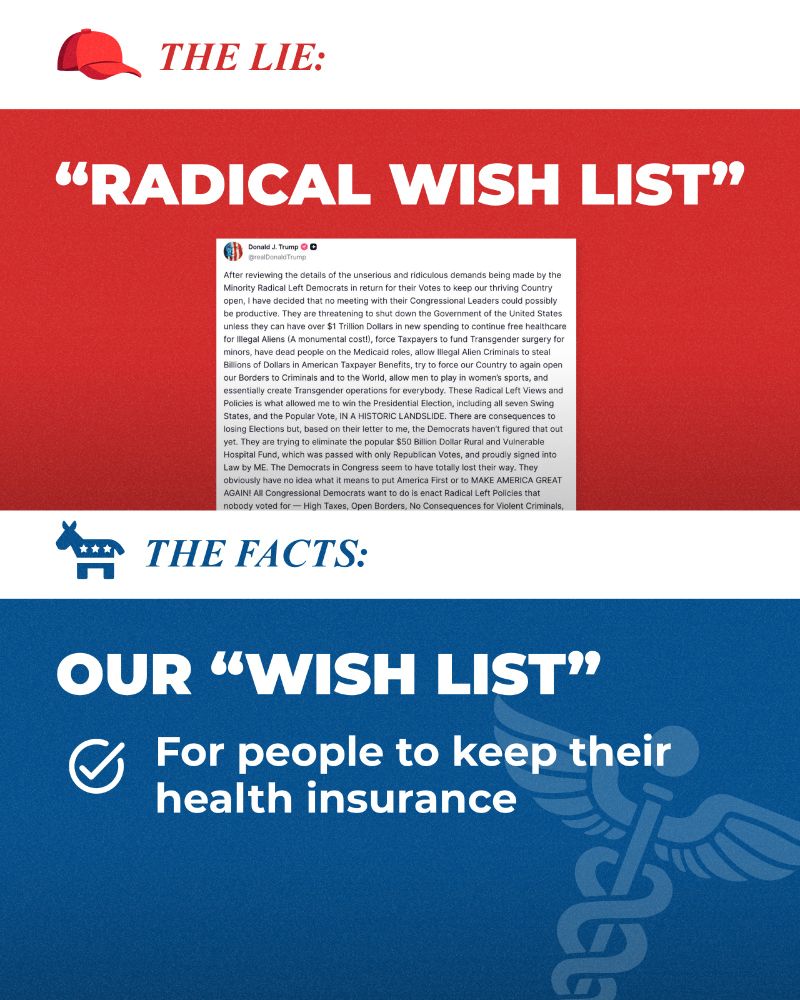 Graphic with text: 

THE LIE: "THEY WANT TO GIVE FREE HEALTH CARE TO ILLEGAL ALIENS"

THE FACTS: Our "WISH LIST" / For people to keep their health insurance
