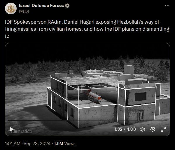 twitter screencap of IOF press release about how hezbollah is able to launch cruise missiles from residential homes in southern lebanon