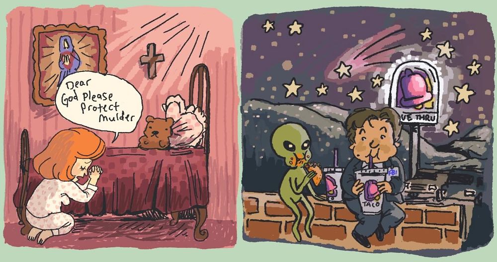comic by jemma1841 on instagram showing x-files scully praying for mulder's safety while mulder eats taco bell with an alien