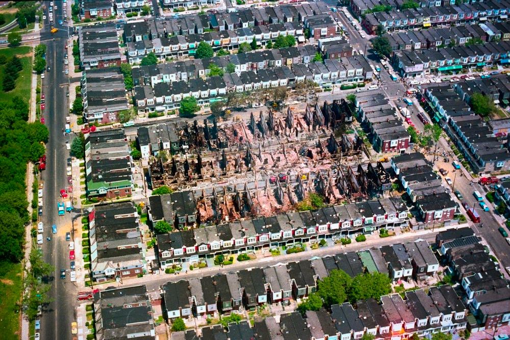 Aerial photo of the aftermath of the MOVE bombing