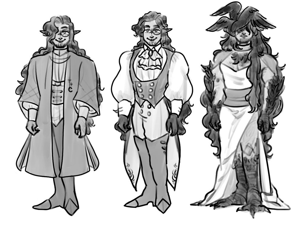 A man with long dark hair and dark skin in 3 outfits. The first on the left is an outfit with tall boots, overcoat, corset and frilled shirt. He wears a monocle both the first and second. In the second outfit, he is wearing a vest with a tailcoat over a puffy shirt, tight pants and tall boots. In the third he is wearing a dress with messy hair, black bird feet, arms and wings spouting from his head. 