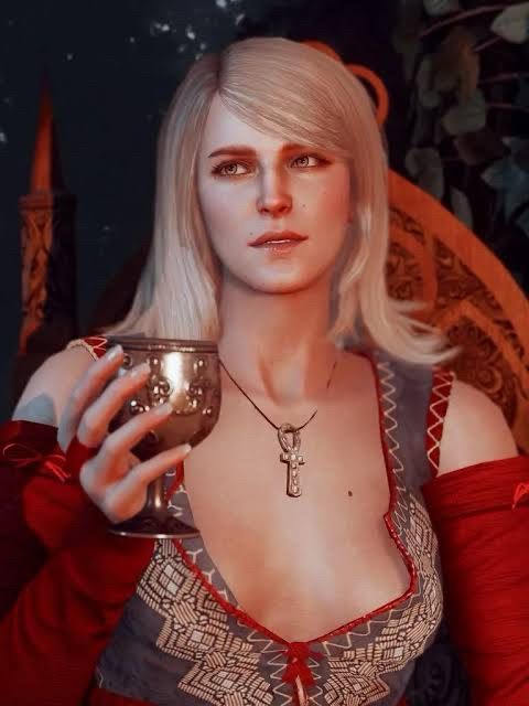 cena do vídeo game the witcher 3, a feiticeira keira metz segurando uma taça de vinho 