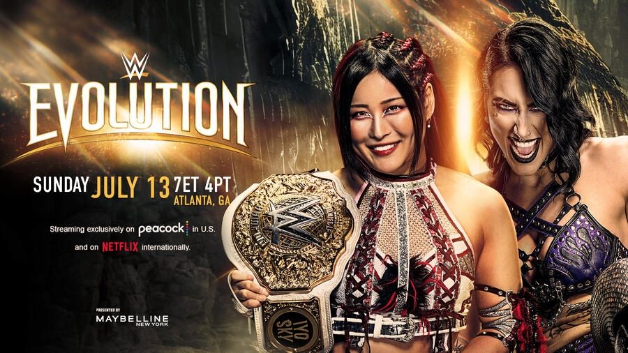 poster for Iyo Sky (c) defending against Rhea Ripley at WWE Evolution for the Women's World Title
