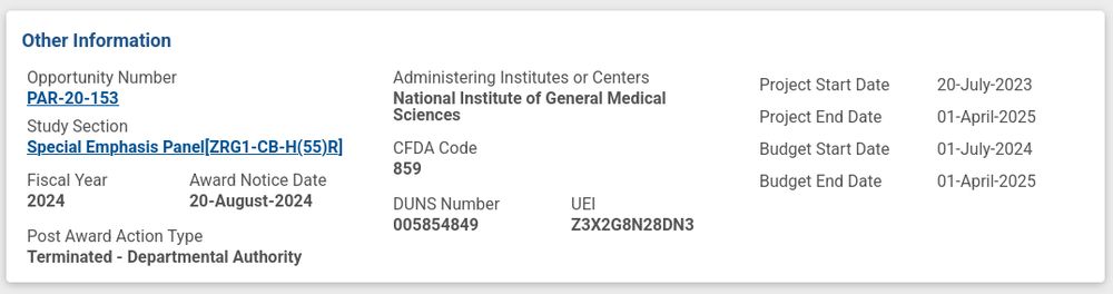 Information from RePORTER for 5R25GM150172-02 showing a Post Award Action Type of "Terminated - Departmental Authority".