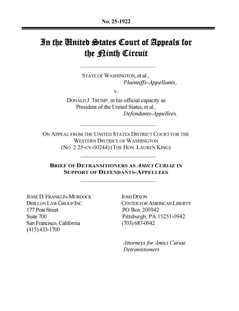 Front page of friend of the court brief in State of Washington v. Donald J. Trump (25-1922)