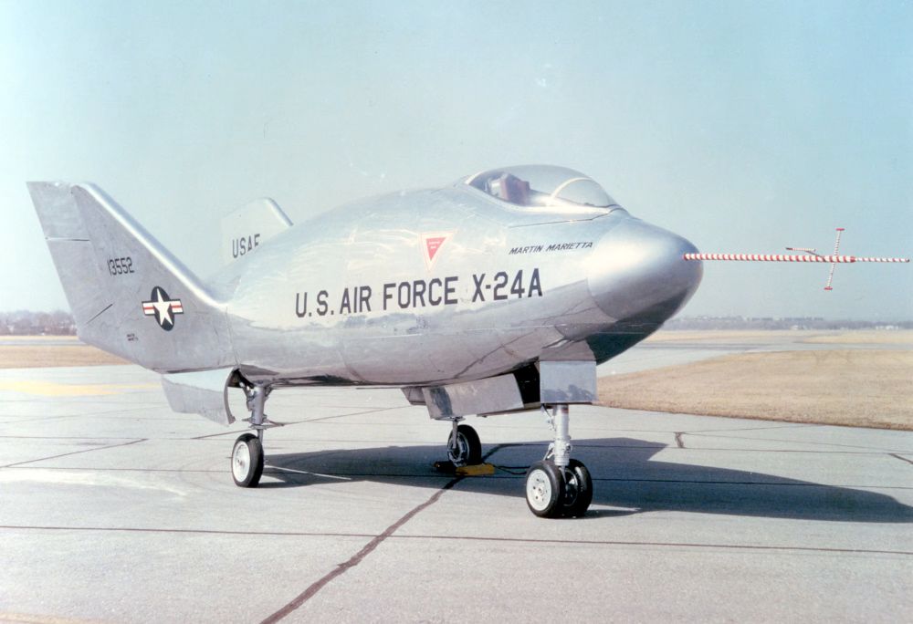 US Air Force X-24A, an experimental plane notable for completely lacking wings and being rather shaped like an egg with two tailfins attached