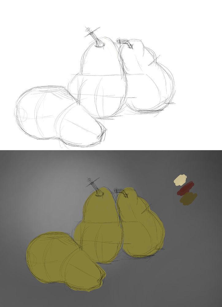 Two pictures showing the process for a painting study I have done with three green/yellow/red pears and a grey background.. The top picture shows construction lines and the second the addition of flat colours.