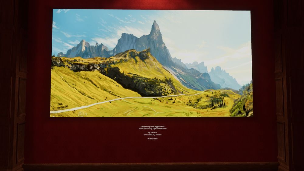 The image shows a virtual gallery called The Strange Pear in VRChat. It My 2D digital painting of a landscape piece is hanging on the walls. My landscape piece is of a midday sun shining over jagged peaks and green rolling hills. 