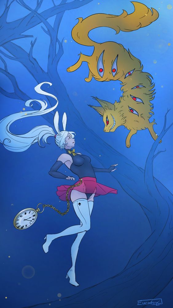 The image is a digital illustration in an anime type style of a woman with white hair and white rabbit ears floating upwards. She has a black body-suit, a red skirt and thigh high white boots. There is also an oversized pocket watch chained to her side. She has a little yellow ribbon around her neck as well as a little black spade at the top of one of her boots. She is a re-imagining of the White Rabbit from Alice in Wonderland. The background is a moonlight blue and there is a large tree branch twisting upwards. Above her is a large, yellow cat that looks a bit like a Maine Coon. It is meant to be an eldritch horror looking Cheshire cat. It has large red eyes and a wide, cunning grin, but also many eyes open along it's body. The eyes look menacing and the pupils are glowing red. The illustration has a whimsy feel like both a floating in a magical space.