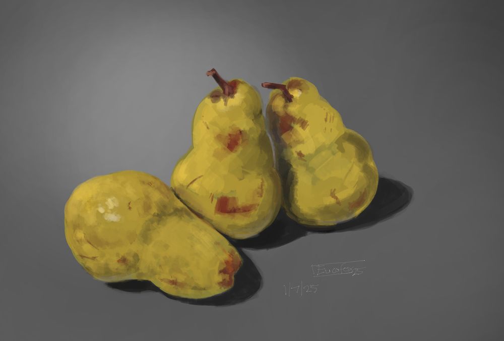 Painting study where I have painted three pears (colours include, yellow, green and reds) on a grey background. 