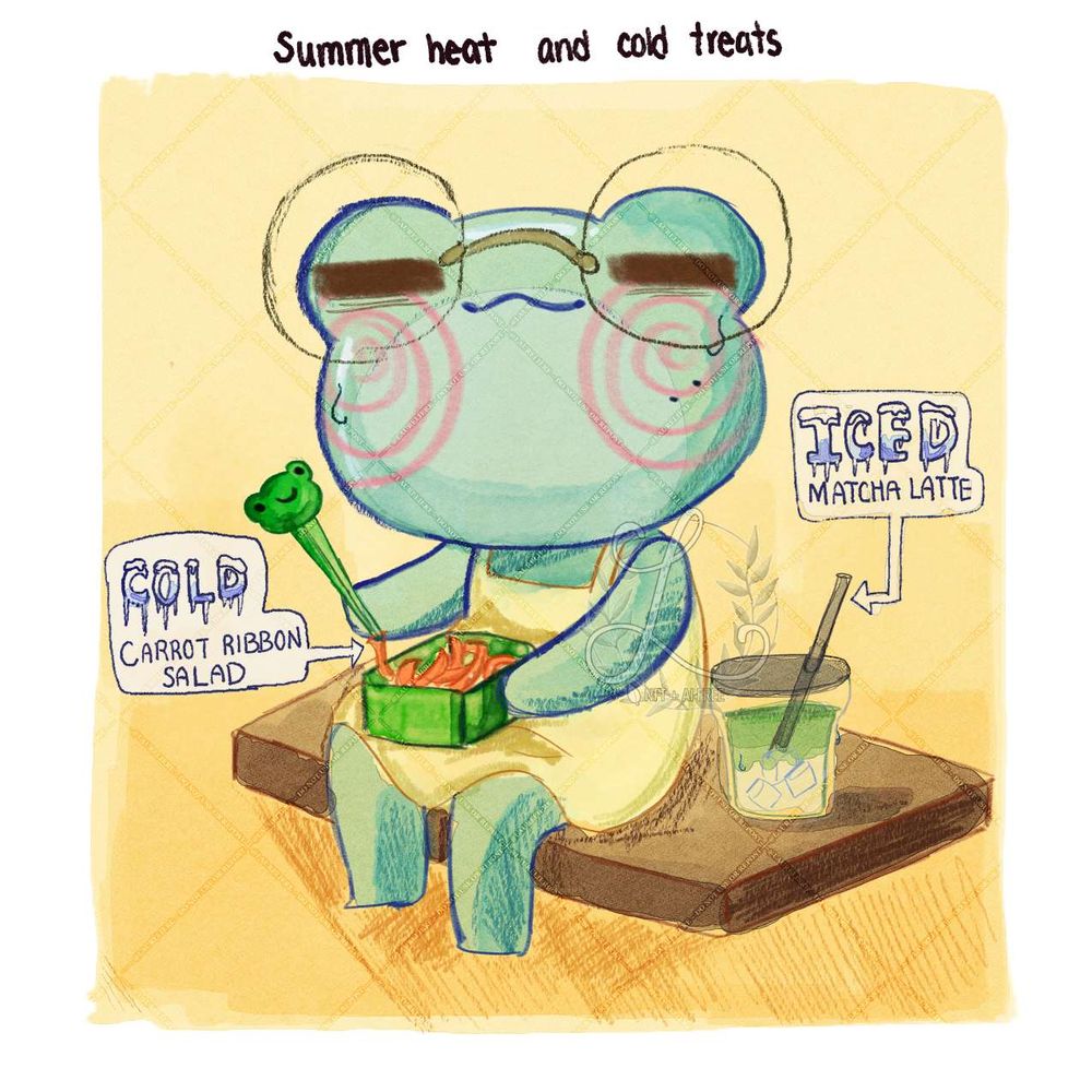 A blue-green frog sits on a bench against a yellow background. Above her is a title that says "Summer heat and cold treats". The frog wears glasses that perch on top of her face, and is in a yellow spaghetti strapped dress. In her hands are froggy-chopsticks and green container with ribboned carrots, next to her is a glass of iced matcha. Two bubbles point at the food items respectively, "COLD carrot ribbon salad" and "ICED matcha latte".