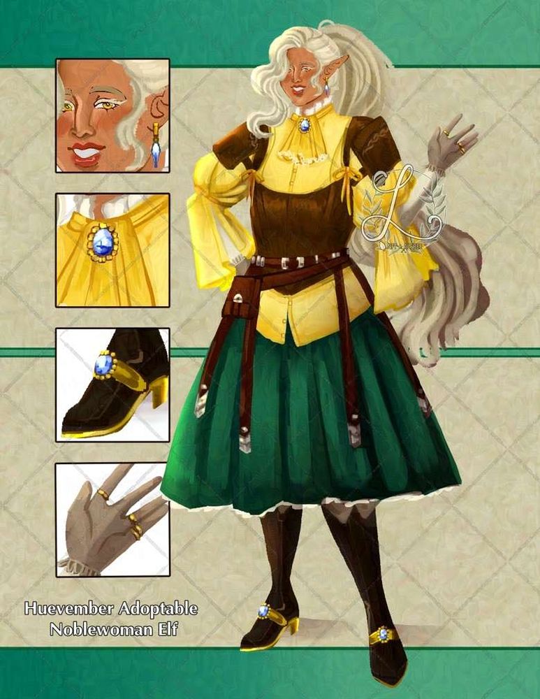 An elven noblewoman in a yellow frilled shirt dressed in leather armor and bejeweled boots. To the left, there are close ups of the characters face of her hair, the jabot, the boots, and her rings.