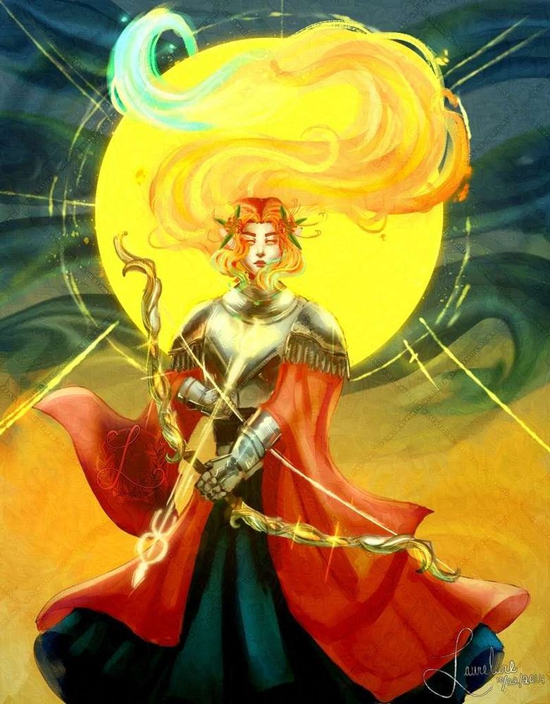 A fire genasi with flaming hair wields a bow as she stands against the sun in the background.