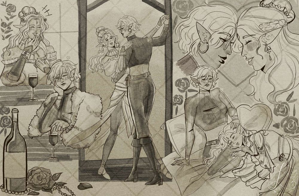A commission sepia sketch page for Otome Chick on Vgen, of two characters dancing and drinking wine.
