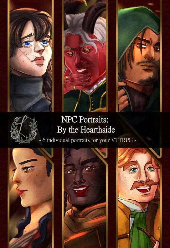 A series of six portraits sit in a row. The first row consists of a human woman looking up, the second a tiefling, and the third a man in a green hood. The second row is of an elven woman, a laughing dwarf woman, and a chipper halfling.
The middle black bar says "NPC Portraits: By the Heartside, 6 individual portraits for your VTTRPG"