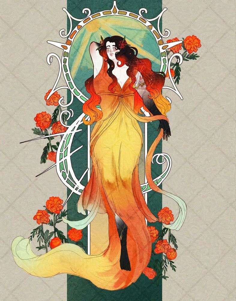 Image of a fire genasi in a cascading dress with blackened fingers and foot lounging in the sun, with marigolds surrounding her. The style is inspired by art nouveau.