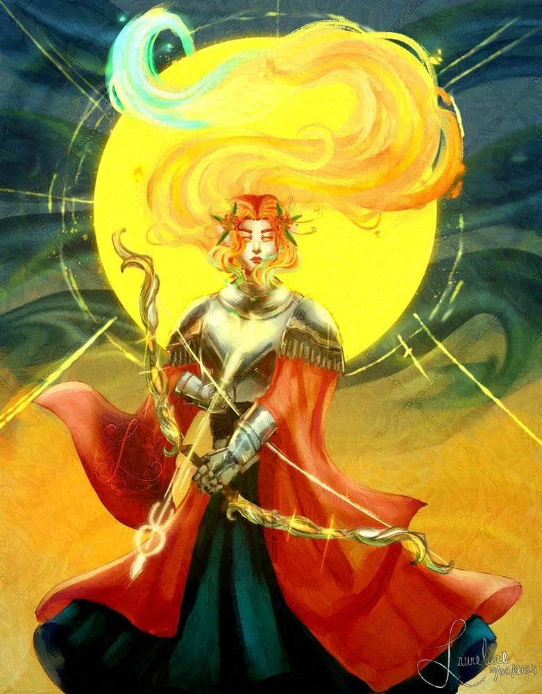 A woman with flaming golden hair dressed in plate armor and red and blue robes looking straight at the viewer while holding a magical bow. The sun glows behind her. 