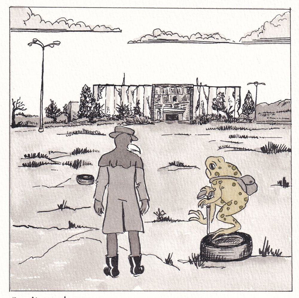 Plague Doctor and Plague Frog stand in the parking lot of a dead (abandoned) mall.