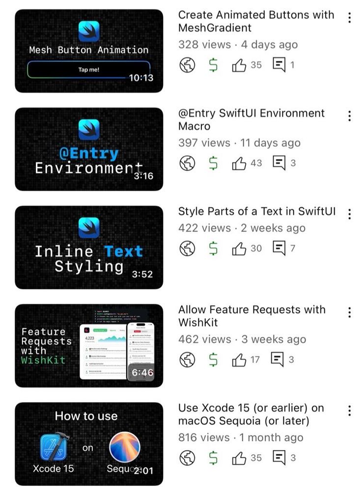 List of my recent youtube uploads on SwiftUI and iOS development.