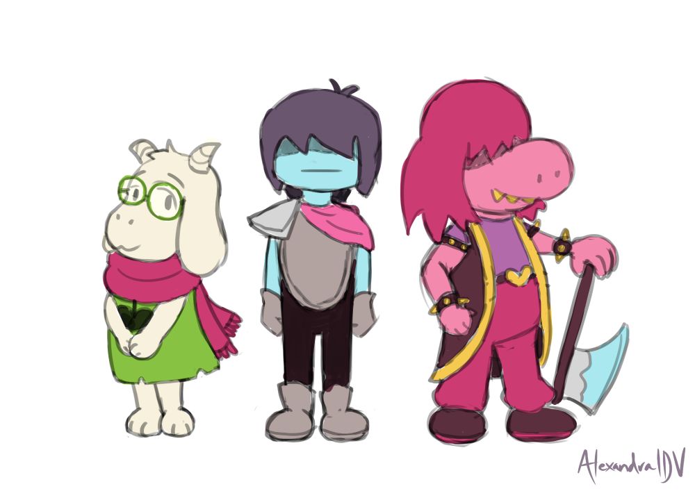 Simple sketches of Ralsei, Kris, and Susie from Deltarune. They're mostly accurate, but some details are wrong, including: Ralsei is supposed to have black sleeves and pink horns; Kris's shoulder armor and cape are supposed to go on the opposite shoulders; and Susie is supposed to wear boots and have purple lines on her vest.