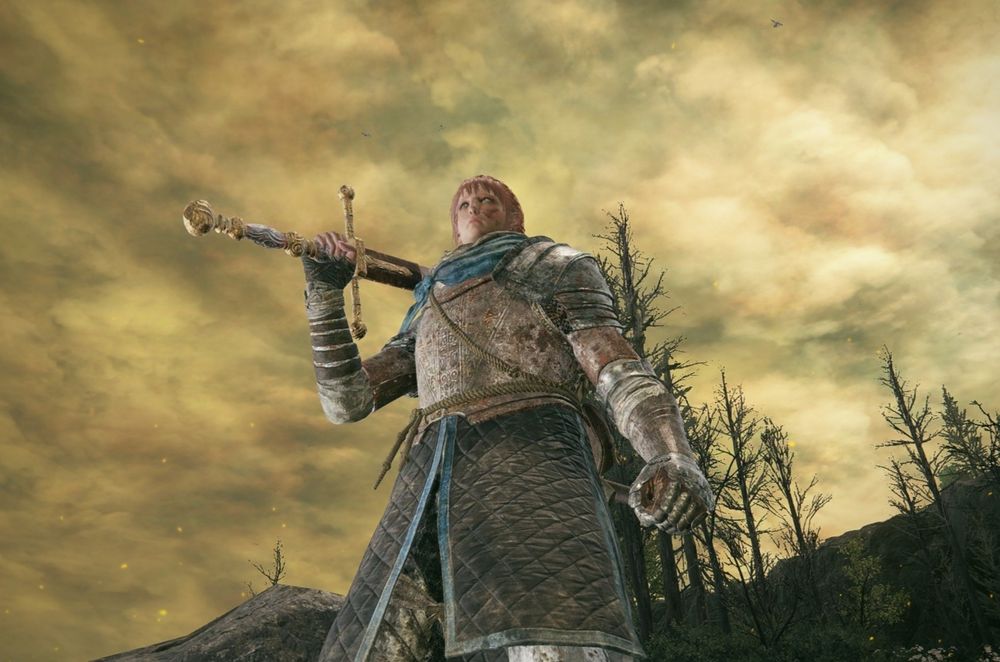 A low-angle shot of Valyssa. She's wearing her vagabond knight armor and wielding her Lordsworn’s greatsword, which is resting on her right shoulder. 
The sky and the clouds above her are in different shades, going from a sickly-looking yellow color to a light olive green. Some leafless trees on a hill stand in the background with some shrubs and a pine tree. 
