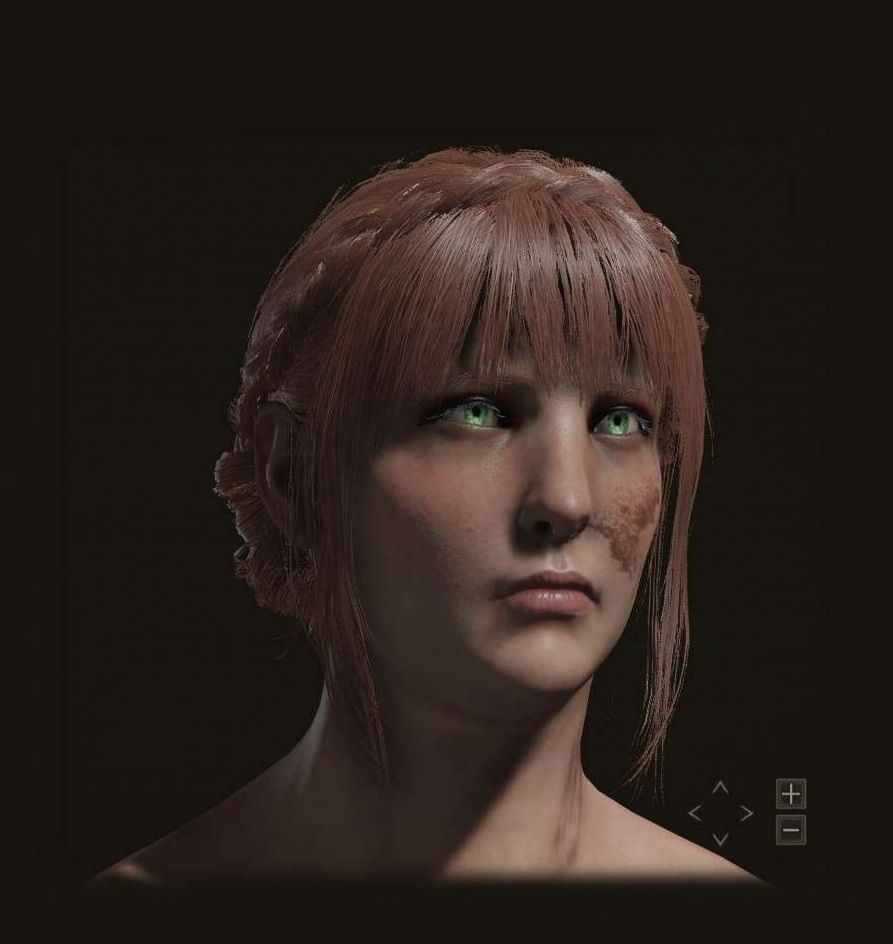 A shot of Valyssa's face. 
Her rust-colored hair is held by a bun, and a braid decorates the top of her head from side to side. Her eyes are of a bright, light green and she looks uneasy or concerned (or both). Her cheeks are slightly rosey and there's a birthmark on the left one. 