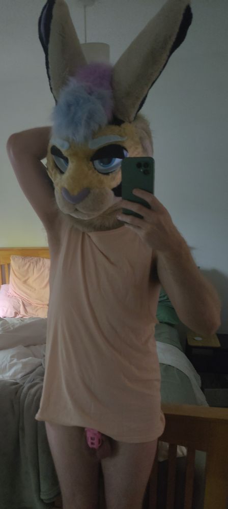 A bunny, me, standing in his room with one arm behind his head shoeing his pit.
He's wearing a pink tank top, and a very small pink chastity cage.