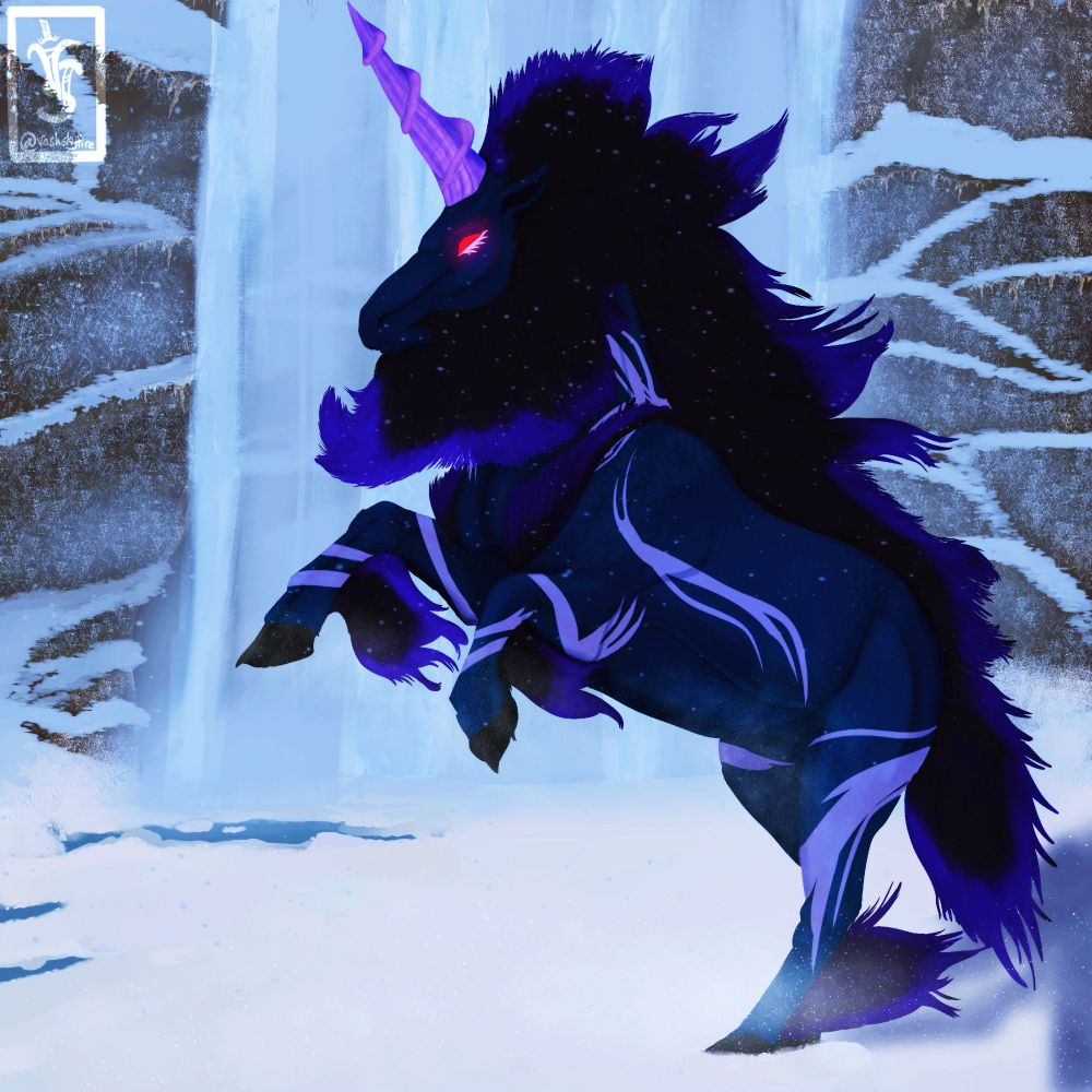 A painting of the elder dragon Oroshi Kirin from Monster Hunter 4: Ultimate. It appears as a very large unicorn with dragon-like physical traits, specifically the scales on its body and the facial shape. it is a dark navy blue with some white patterned stripes and a black mane that has purple tips. It has a grand pinkish-purple horn on its head and piercing red eyes.

Oroshi Kirin is at a large glacial waterfall amongst the snowy ground. Light snowfall surrounds it as it's rearing on its hind legs.