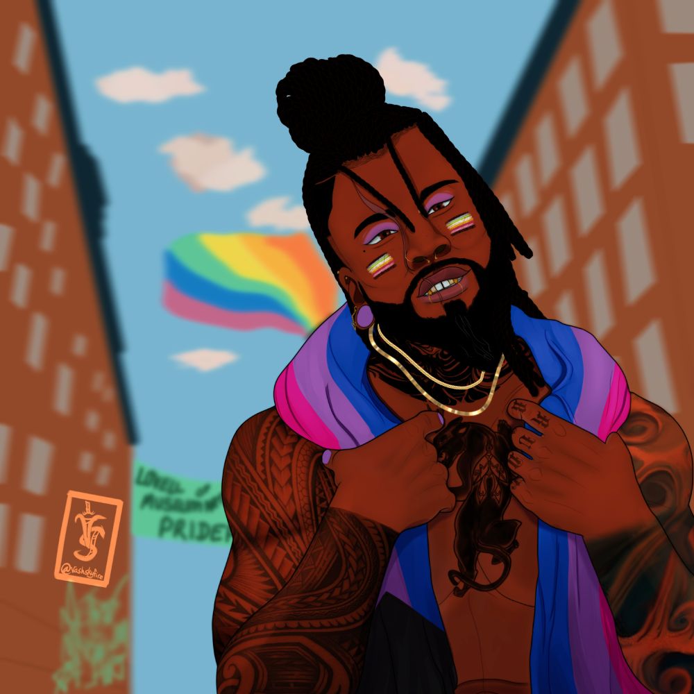 OC: Kai 

Kai is smiling, walking down a neighborhood during a Pride festival. He is shirtless, in lightpurple eyeshadow wearing two gold chains. His shoulders, draped in his pride flag (Demi-Bisexual). He also has the Queer pride flag colors painted on his cheeks. There is a rainbow flag flowing the background.