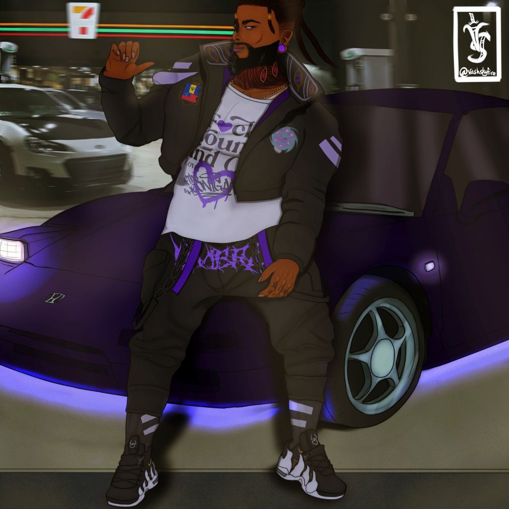 OC: Kai

A tall, tattooed man sitting lightly on the hood of his car (Honda NSX) at a 7 Eleven gas station combo with another JDM parked in the backgound. His car is sporting underglow. Kai is wearing techwear (cropped bomber jacket + pants). His Hoonigan shirt nestled under the jacket. Kai is gesturing tohis car with a smile.