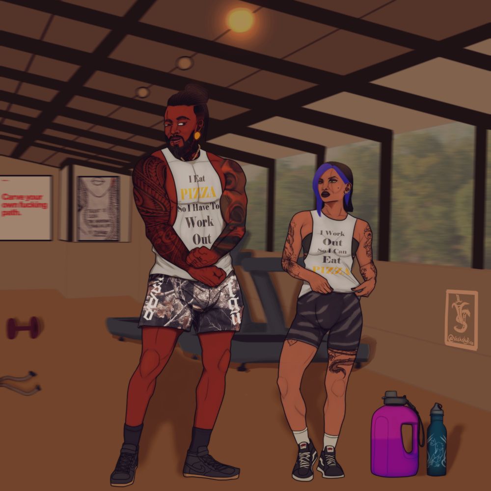 OC: Kai (He/They) & OC: Tien (They/She)

A fem leaning person with tattoos and piercings adjusting their top. They are wearing form fitting workout shorts with tiger stripes, black and white Vans sneakers, a sports bra and a white tank top with text. The text reads "I workout so I can eat pizza."

A masc leaning man with piercings and tattoos is flexing. He is wearing forest camo DARC-sport brand shorts, black and tan Nikes and a matching white tank top that reads: "I eat pizza so I have to work out."

The pair seem to be in conversation.